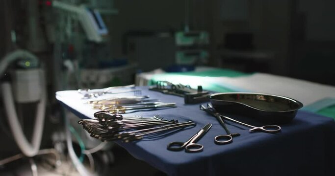 Close up of empty operating room with bed and operating tools in slow motion