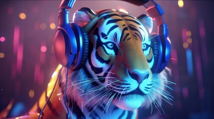 tiger with headphones, digital art illustration, Generative AI