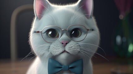 funny white cat wearing bow tie and glasses, digital art illustration, Generative AI