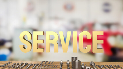 The gold service text and tool equipment for garage concept 3d rendering.