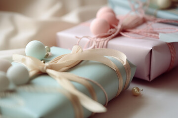 Green and pink pastel giftboxes. Generative AI