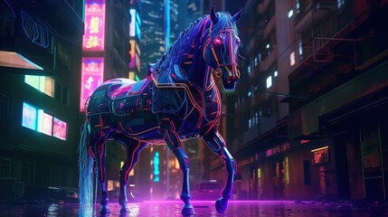 Fototapeta na wymiar majestic horse cyberpunk, digital art illustration, Generative AI