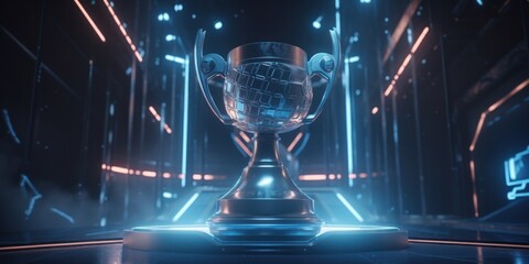E-Sports winner trophy at studio illuminated by neon lights with blurred background. Generative AI.