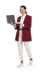 Happy woman with laptop on white background