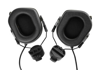 Tactical headphones on white background, top view. Military training equipment