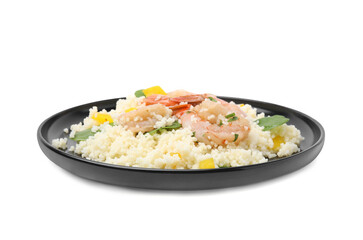 Plate of tasty couscous with shrimps, bell pepper and basil on white background