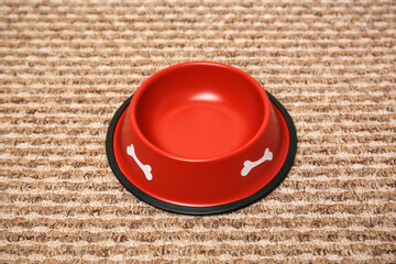 Empty red feeding bowl on soft carpet