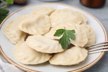 Fototapeta na wymiar Delicious dumplings (varenyky) with tasty filling and parsley on table, closeup