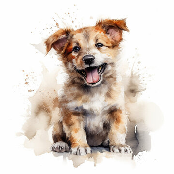 Wasserfarben Illustration eines Korgi Welpen, Wei&szlig;er Hintergrund, durch AI Technologie generiert