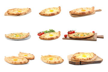Collage with tasty Adjarian khachapuris on white background