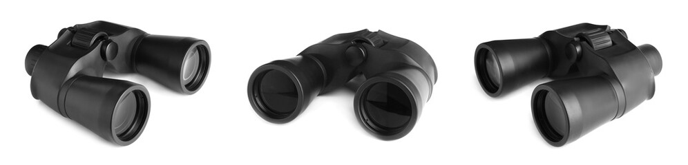 Collage with black binoculars on white background, different sides