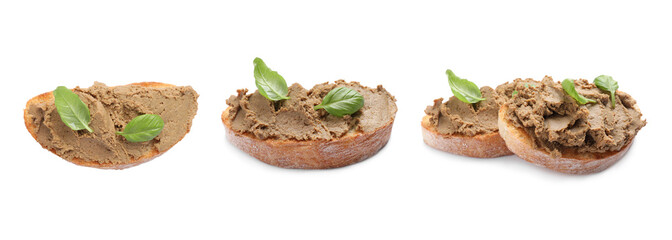 Slices of bread with pate and basil on white background, collage design