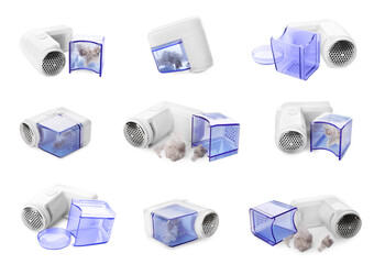 Collage with fabric shaver isolated on white