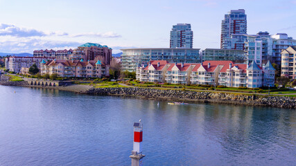 Waterfront buildings in Victoria West, BC, Canada.