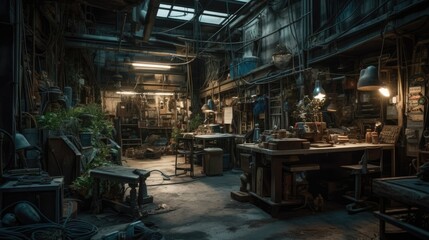 Fototapeta na wymiar Realistic Post Apocalypse Landscape illustration of abandoned factory workshop at night generative ai