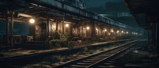 Fototapeta na wymiar Realistic Post Apocalypse Landscape illustration of night station, greeny and night generative ai