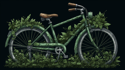 Fototapeta na wymiar This vector art of a bicycle wrapped in green foliage on World Bicycle Day. Generative AI