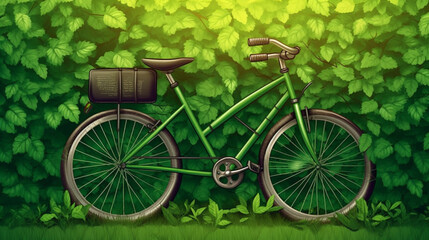 Fototapeta na wymiar A captivating vector art of a bicycle enveloped in green foliageon World Bicycle Day. Generative AI