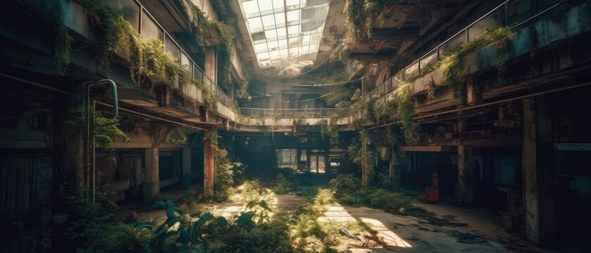 Realistic Post Apocalypse Landscape illustration of abandoned mall rays generative ai © Wiktoria