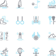 Amusement pastime linear icons set. Thrills, Fun, Entertainment, Joy, Games, Playtime, Laughter line vector and concept signs. Bliss,Escapism,Leisure outline illustrations