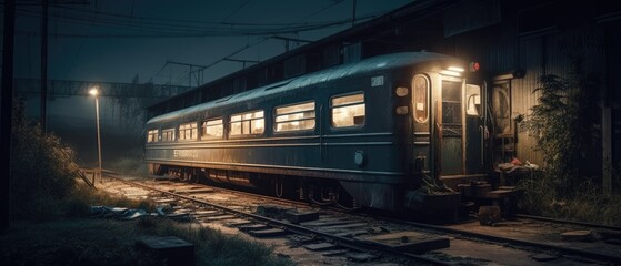 Fototapeta na wymiar Realistic Post Apocalypse Landscape illustration of metro train at night, rainy generative ai