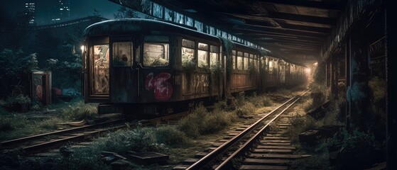 Fototapeta na wymiar Realistic Post Apocalypse Landscape illustration of night station and night generative ai
