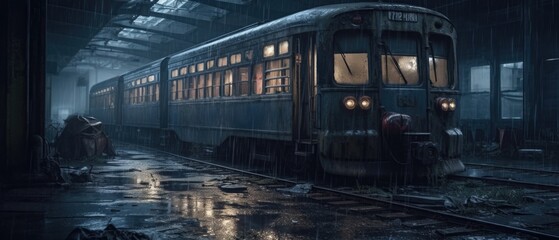 Realistic Post Apocalypse Landscape illustration of metro train at night and rain generative ai