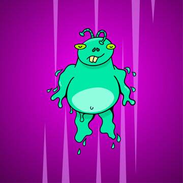 Alien and blob combined vector cartoon character. Vector illustration of monster blob jumping on a purple background