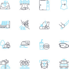 Adventure excursion linear icons set. Expedition, Trek, Safari, Journey, Odyssey, Voyage, Quest line vector and concept signs. Explore,Discover,Adrenaline outline illustrations