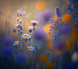 Fototapeta na wymiar Purple, blue and white flowers in a field with a soft, dreamy focus. Generative AI.