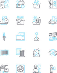 Automobiles linear icons set. Speed , Power , Luxury , Comfort , Performance , Design , Efficiency line vector and concept signs. Safety ,Technology ,Innovation outline illustrations