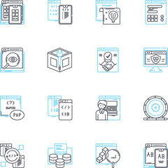 Developer linear icons set. Code, Debug, Build, Design, Innovate, Program, Collaborate line vector and concept signs. Framework,Platform,Backend outline illustrations