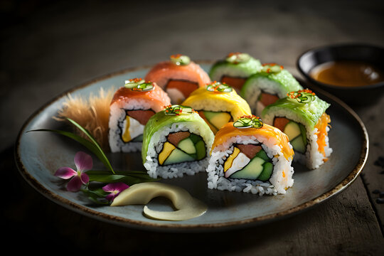 Delicious Japanese Sushi Rolls, Salmon, Avocado, Californica rolls