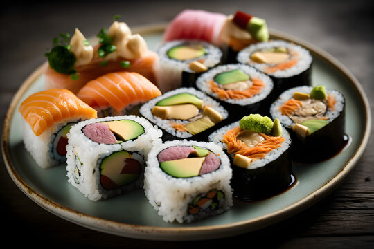 Delicious Japanese Sushi Rolls, Salmon, Avocado, Californica rolls