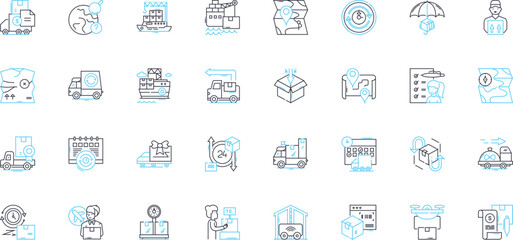 Prompt delivery linear icons set. Swiftness, Efficiency, Rapidity, Punctuality, Expediency, Alacrity, Timeliness line vector and concept signs. Dispatch,Quickness,Acceleration outline illustrations - obrazy, fototapety, plakaty