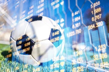 Double exposure of ball with arrow graph background
