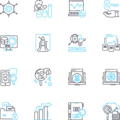 Market research linear icons set. Analysis, Demographics, Data, Insights, Strategy, Surveys, Focus groups line vector and concept signs. Sampling,Trends,Segmentation outline illustrations
