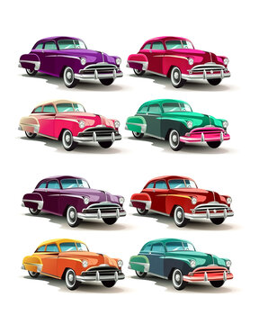 Illustration of colorful Classic car icons on white background, AI Generated image.