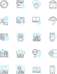 Social advertising linear icons set. Engagement, Targeting, Impressions, Conversion, CTA (Call-to-Action), ROI (Return on Investment), Metrics line vector and concept signs. Analytics,Branding