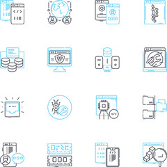 Online technology linear icons set. Internet, Website, Browser, Coding, Social, Nerk, Gaming line vector and concept signs. Cybersecurity,E-commerce,App outline illustrations