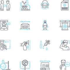 Viruses linear icons set. Pandemic, Contagious, Outbreak, Infection, Pathogen, Epidemic, Mutation line vector and concept signs. Microbe,Infectious,Resilient outline illustrations