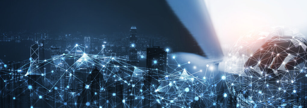 Digital technology, internet network connection, digital marketing IoT internet of things. Man using computer with internet global network connecting and smart city, innovative technology background