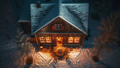 Snowy log cabin nestled in winter forest generated by AI