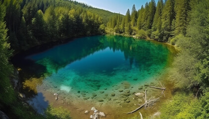Fototapeta na wymiar Majestic mountain range reflects in tranquil pond generated by AI