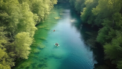 Obraz premium Men and women canoeing in tranquil pond generated by AI