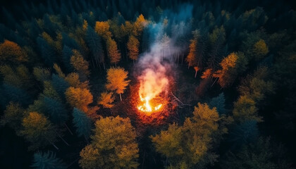 Burning forest fire illuminates the autumn night sky generated by AI