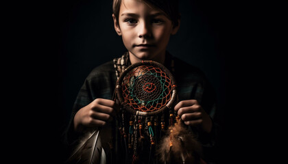 Fototapeta na wymiar Portrait of indigenous child holding feather decoration generated by AI