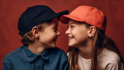 Smiling siblings playing together, pure childhood joy generated by AI