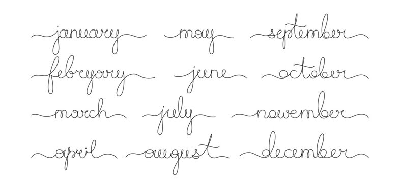 Months names line cursive calligraphy set. Calendar months of year continuous handwritten calligraphic outline script collection. Hand drawn lettering text for calendar and organizer, planner vector