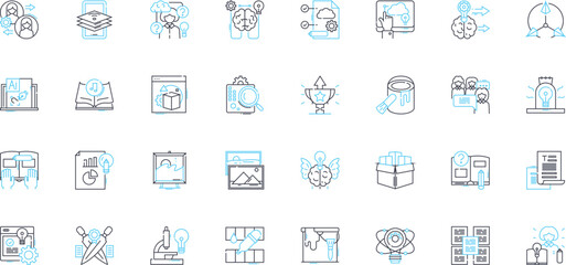 Creative writing linear icons set. Imagination, Inspiration, Expression, Prose, Verse, Editing, Metaphors line vector and concept signs. Fiction,Nonfiction,Poetry outline illustrations